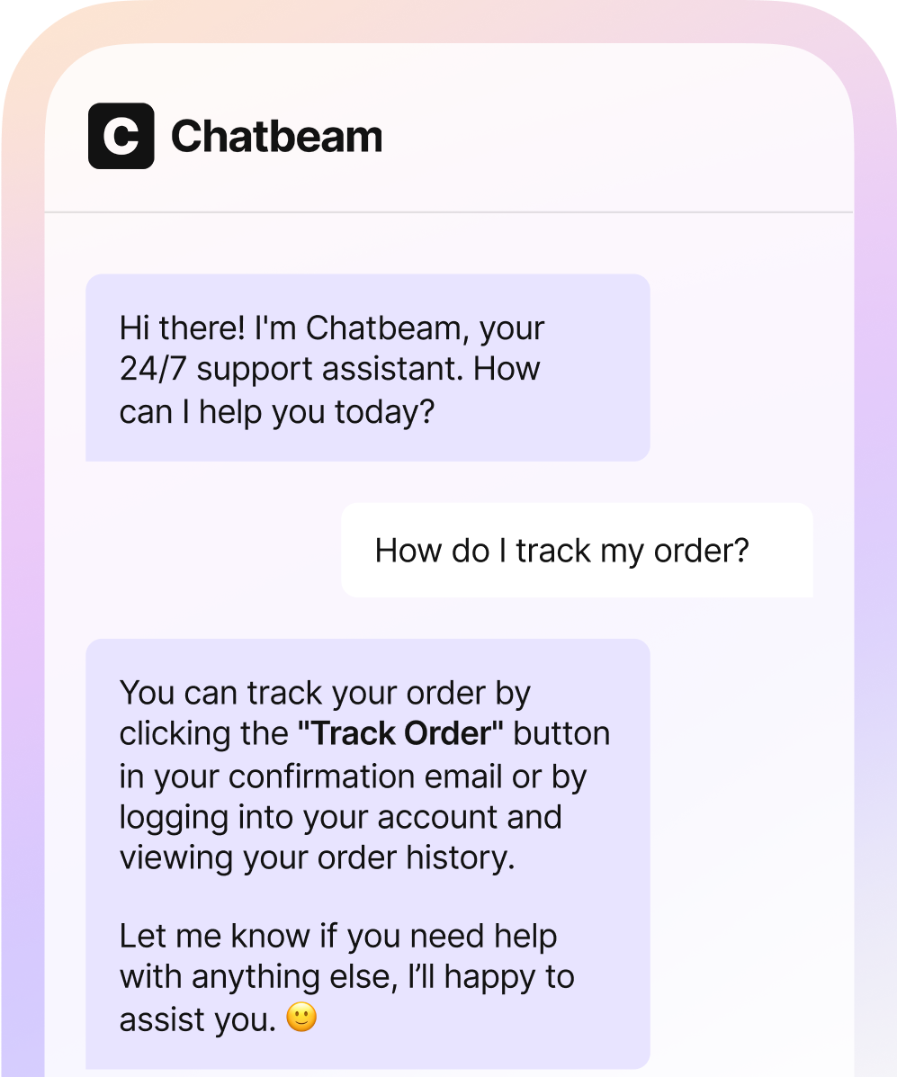 Chatbeam AI chat interface showing sample customer support conversation